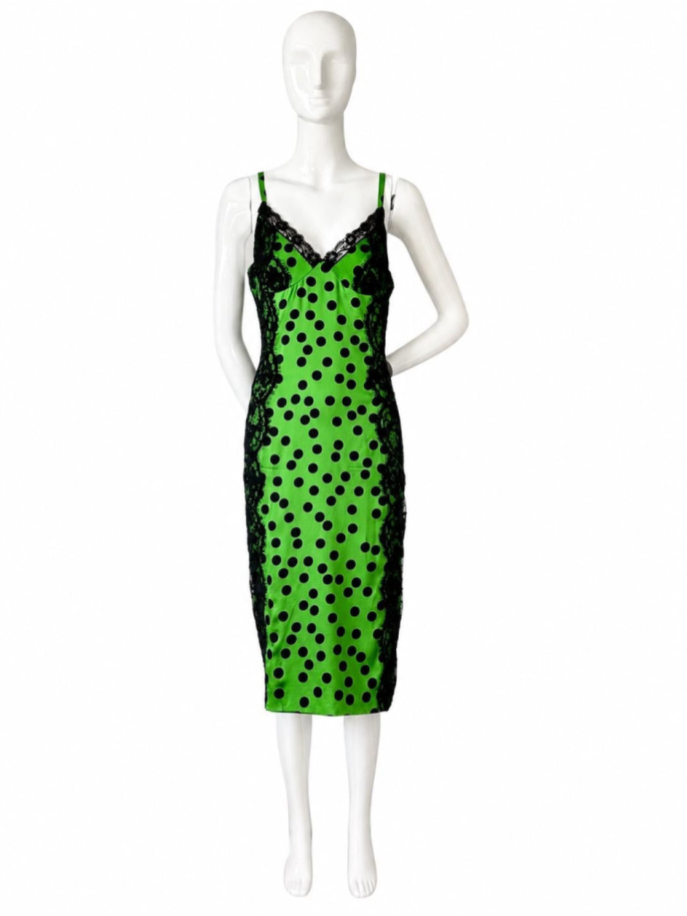 Vintage Dolce & Gabbana Green Polka Dot Silk Lace Midi Dress IT 46